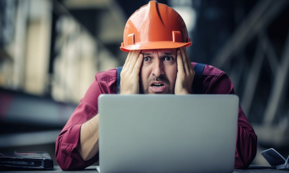 A engineer man stressed , unhappy sad , Background at working site , Generative AI.