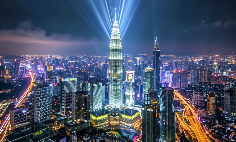 bustling cityscape at night, illuminated by the bright lights of buildings and traffic Ai generated