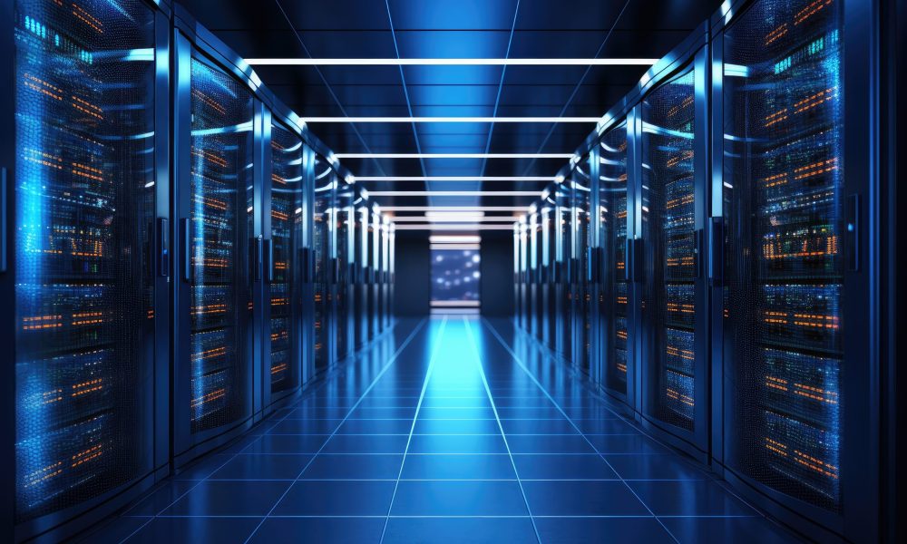 Server room data center. Datacenter hardware cluster. Backup, mining, hosting, mainframe, farm and computer rack with storage information. 3d render, Server room in data center, AI Generated