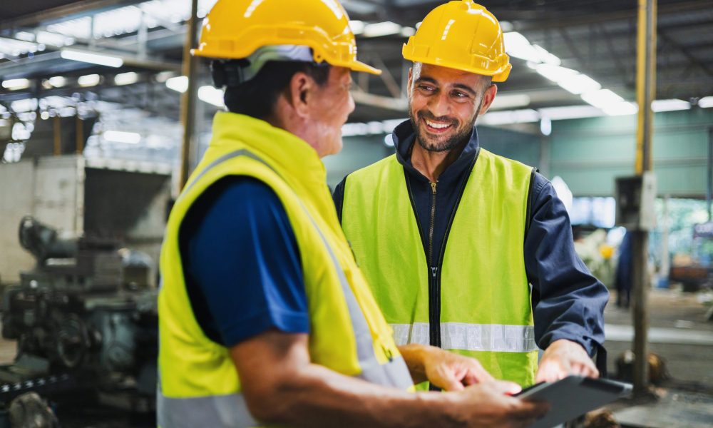 Two men in safety gear are talking to each other. One of them is holding a tablet. Scene is friendly and professional