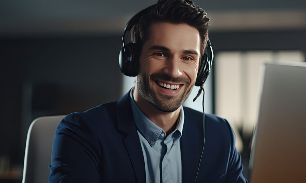 Young male call center operator smiling and using a laptop with a headset for video call posing for a portrait